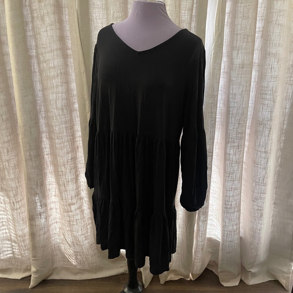 Cynthia Rowley Black Tiered Long Sleeve V Neck‎ Dress Women's XL